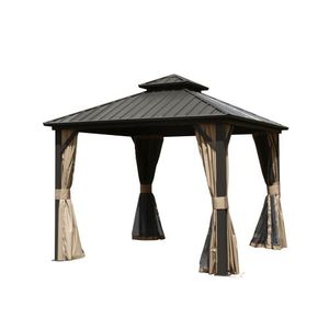 Pergola et gazebo permanents 8 x 8 en aluminium à toit rigide, avec double toit en acier galvanisé et moustiquaire intégrée - Product Image 1