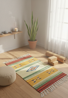 Tapis/chemin de table moderne en coton tissé beige, motif floral, lavable en machine, avec envers réversible, multicolore, pour prière, pique-nique, voyage