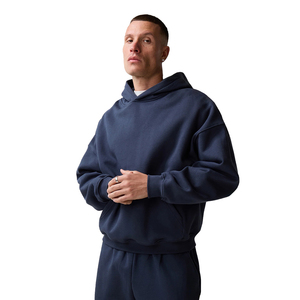 Men's Navy Blue Hooded <b>Tracksuit</b> Set Full Length Loose Fit Cotton Sweatshirt Pants Casual Autumn Wear Solid Color Side Pockets - Product Image 3