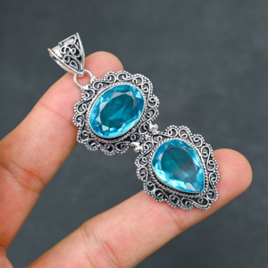 High Quality Sparkling LAB-CREATED Blue Topaz Solid Sterling <b>Silver</b> Rhodium Plated Bohemian Style Wedding Pendant Women's - Product Image 2