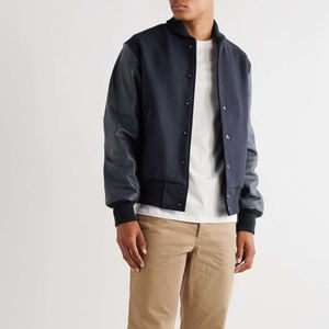 Men's Navy Varsity Jacket Wool/Polyester Shell Mandarin Collar <b>Covered</b> <b>Button</b> Breathable Eco-Friendly Casual Winter - Product Image 2