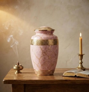 Urne artisanale très prisée, texture marbre rose avec motif géométrique doré, couvercle décoratif, pour cendres commémoratives et hommage - Product Image 4