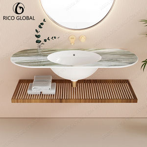 Lavabo Ovalado de Mármol para Montar en la Pared con Escurridor de Madera, Acabado Pulido, Diseño Minimalista, Mueble de Baño - Product Image 4