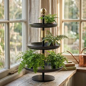 Handmade Iron 30 cm Charcoal Brass Ninety Centimetre <b>Tall</b> Meru Three Tier Rod Bundle Plant Stand <b>Table</b> Decoration Accessories - Product Image 2