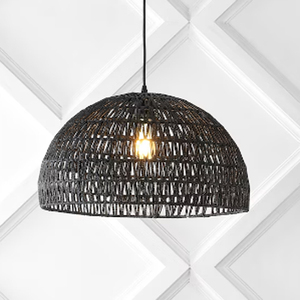 Campana 20 Woven <b>Rope</b> Iron Bohemian <b>Light</b> Black Coastal Rattan Dome Medium Hanging Pendant <b>Light</b> - Product Image 1