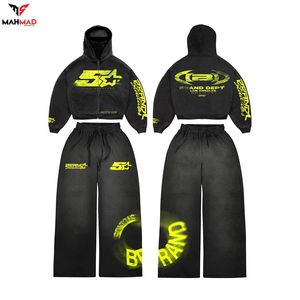 Ensemble de survêtement jogger personnalisé délavé à l'acide, comprenant un sweat à capuche et un pantalon évasé, avec broderie effet usé, en tissu épais et effet empilé - Product Image 6