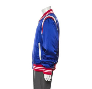 Veste universitaire en satin bleu pour homme, avec bordures rouges et blanches, coupe décontractée, pour l'automne, fermeture éclair simple, poches zippées - Product Image 3