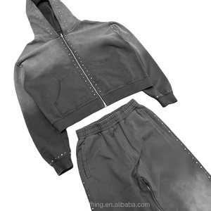 ชุดเซ็ตเสื้อฮู้ดซิปทรงหลวมสไตล์วินเทจ ปักลายแบบดิสเทรส สีซีดแบบซันเฟด ล้างสีแบบแอซิด พร้อมกางเกงวอร์มทรงขาบาน - Product Image 6