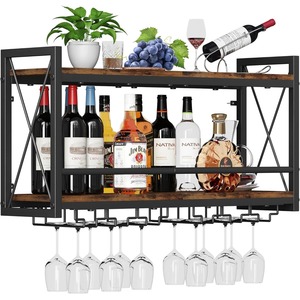 Estantes Flotantes Rústicos de Metal y Madera para Licores y Copas de Vino, Estante de Pared Resistente para Botellas con Soporte para Copas - Product Image 3