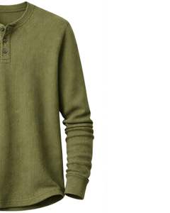 Camiseta Térmica de Manga Larga para Hombre, Estilo Henley, Color Verde Oliva, Cuello con Botones, Prenda Casual de Invierno, Algodón, Corte Ajustado, Tejido Transpirable - Product Image 4