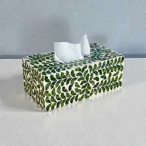 Caja de pañuelos moderna con incrustaciones de hueso y nácar, diseño de hojas verdes, hecha a mano, decoración elegante para el hogar y la oficina, ideal para regalo. - Product Image 6