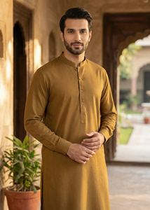 Kurta Salwar Kameez de Algodón Color Mostaza para Hombre, Manga Larga, Largo hasta el Tobillo, Diseño Tradicional Casual Moderno, Alta Calidad, Corte Regular - Product Image 2