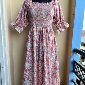 Robe longue en coton indien imprimée à la main, col carré, robe longue décontractée pour femmes - Product Image 1