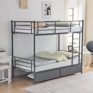 Letto a Castello Convertibile Stabile con 2 Cassetti Grigi per Stoccaggio, Letto a Soppalco in Metallo Divisibile in Due Letti Singoli - Product Image 4