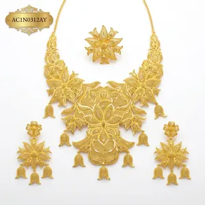 Premium Brass African Wedding Gold Plated Flower Necklace and Earrings Set for Women Wedding Statement Jewelry AC1N0312AY - Product Image 3