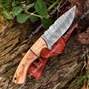 Cuchillo Táctico EDC Skinner de Acero Forjado de Damasco con Espiga Completa y Punta Caída para Caza y Camping al Aire Libre, Mango de Madera de Olivo, Cuero, DIY, ODM - Product Image 4