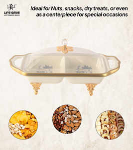 Moderno Plato de Servir de Porcelana Blanca de 2 Secciones con Borde Dorado, Tapa Transparente y Base Dorada - Product Image 4