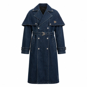 Abrigo de Mezclilla Cruzado Tipo Capa con Logo Personalizado, Gabardina Larga Unisex, Prenda Exterior Premium en Lavado Oscuro - Product Image 2
