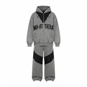 Custom Washed Gray Zip Up Hoodie and Wide Leg <b>Sweatpants</b> <b>Set</b> for Men - Product Image 3