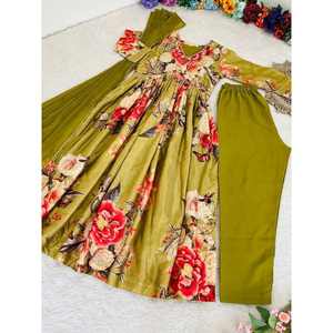 FANCY CHINON DIGITAL IMPRESO ALIA CUT BOTTOM CON DUPATTA MEHNDI - Product Image 1