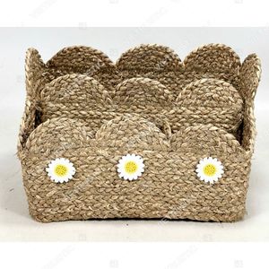 Scalloped Natural Seagrass <b>Storage</b> <b>Baskets</b> With Daisy Embellishments <b>Rectangular</b> Multi-Purpose Organizer Rustic Style - Product Image 3