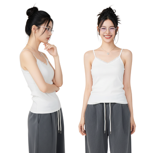 Débardeur côtelé en maille pour femme avec dentelle, bretelles spaghetti, en coton respirant, séchage rapide, coupe confortable et extensible – OEM - Product Image 1