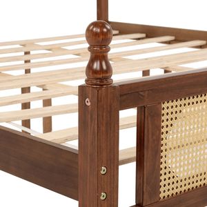 King <b>Pine</b> Walnut Wooden <b>Bed</b> with Rattan Headboard and Footboard Enhanced Central <b>Bed</b> Platform - Product Image 2