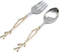 Juego de Cucharas para Ensalada de Lujo, Diseño de Hoja Arrugada, Chapado en Oro, Ecológico, de Metal, con Mango Largo, Acero Inoxidable Espejo, para Bodas