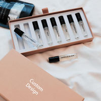 Boîte d'emballage coulissante en carton rigide noir avec insert en EVA pour échantillons de parfum 2 ml, kit de découverte de parfums, logo personnalisé