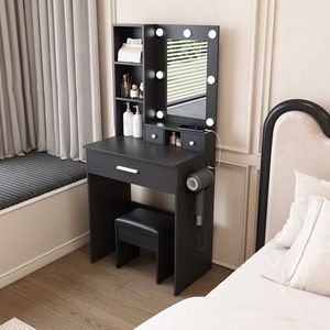 Toeletta Compatta in Stile Europeo con Specchio a Luci LED Regolabili, Presa di Corrente e Supporto per Asciugacapelli, Sgabello per Spazi Ridotti - Product Image 1