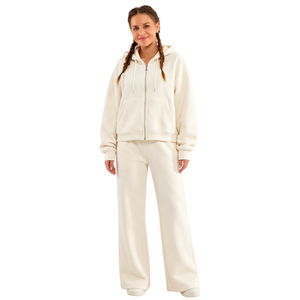 Ensemble de survêtement pour femme, couleur unie, à capuche, avec cordon de serrage, pantalon de survêtement long, coupe régulière, vêtements décontractés d'hiver, 100% coton respirant - Product Image 4