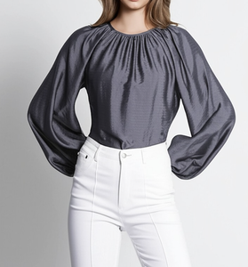 Women's Elegant Casual Streetwear Quick Dry Solid Spring Summer Shirt Vietnam Manufacturing Brand Regular Fit Lantern Sleeve - Product Image 3