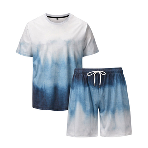 Men's Summer Casual 2-Piece <b>Set</b> Gradient Blue Tie-Dye T-Shirt Shorts Quick Dry Breathable Athletic Wear Crew Neck <b>Knitted</b> Fabric - Product Image 1