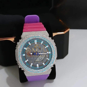 Montre à quartz de luxe pour femme, cadran en cristal, date/jour automatiques, boîtier en strass, acier inoxydable, résistant à l'eau 3BAR, bracelet rose et violet - Product Image 1