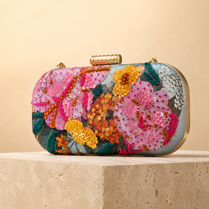 Pochette de Soirée Demi-Lune de Luxe pour Femme, Broderie Florale Zardozi, Ornements Perlés, en Polyester, 7 Pouces, pour Mariage - Product Image 1