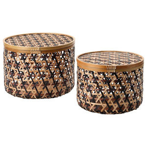 Panier de rangement rond en bambou tissé à la main, écologique, tendance, avec couvercles, paniers en osier rustiques multifonctionnels pour l'organisation de la maison - Product Image 1