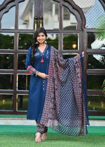 Conjunto Étnico de Algodón Azul para Mujer, con Apliques Tradicionales, de Secado Rápido, Largo hasta la Rodilla, Corte Regular, Informal, para Bodas y Fiestas, Estilo Indio - Product Image 4