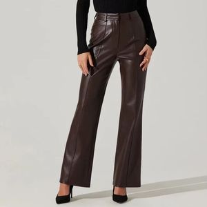 Pantalon en toile respirant élégant à taille mi-haute et jambes larges en cuir pour femme, idéal pour l'hiver et le streetwear - Product Image 4