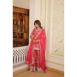 Conjunto de Top, Pantalón y Dupatta para Fiesta, Bordado con Lentejuelas y Hilo Zari, Talla XL - Product Image 6