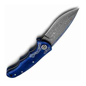 Cuchillo de bolsillo de acero de Damasco con punta de gota, mango de aluminio azul, pomo de pulgar, grado industrial, hoja recta de 0.6mm de espesor - Product Image 6