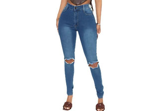 Jean en denim stretch taille haute skinny pour femme, 100 % coton, délavage clair vintage, idéal pour l'hiver – Meilleur prix - Product Image 5