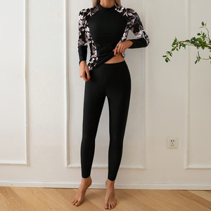 Women Floral Print High Neck Long Sleeve Swim Top With Black Leggings <b>Set</b> Stretch Knitted Athletic Wear Digital Print - Product Image 6