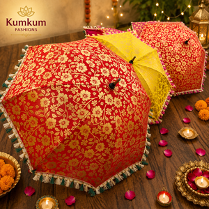 Indian Wedding Decorative Circle <b>Umbrella</b> Silk Fabric Traditional Vintage Decor Golden Print Haldi Sangeet Mehndi Party 24 Inch - Product Image 4