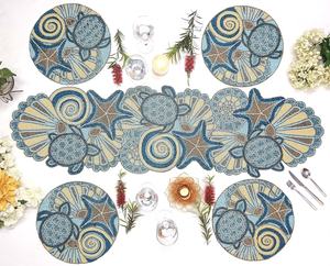 Mediterranean Luxury Embroidered Eco-Friendly Handmade <b>Table</b> <b>Runner</b> Sea Turtle Starfish Design Fabric Mats 450mm Non-Slip Dining - Product Image 1