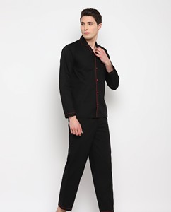 Pijamas de Manga Larga de Algodón Negro para Hombre con Ribete Rojo, Ropa de Dormir Informal para Otoño, Lavable a Máquina, Conjunto de 2 Piezas - Product Image 5