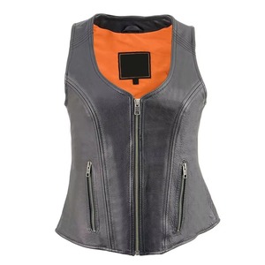 Gilet moto en cuir véritable pour femme, col en V, fermeture éclair, couleur unie, doublure respirante en polyester, style automne - Product Image 1