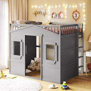 Letto a soppalco grigio a grandezza naturale con scaletta per camera da letto a tema casa per bambini - Product Image 1