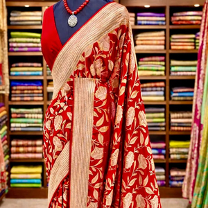 Sari de Lujo Tradicional de Crepé y Seda Khadi con Tejido Jari, Pallu con Tejido Jari Rico, Borlas Elegantes, Diseño Floral Jaal y Forro con Borde Jari - Product Image 1