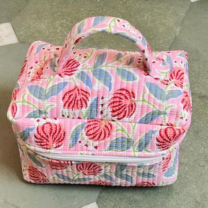 Floral Quilted Bohemian Cotton Fabric Cosmetic <b>Case</b> Medium Size Zipper Closure Soft Handle Reusable Lightweight Portable Makeup - Product Image 6