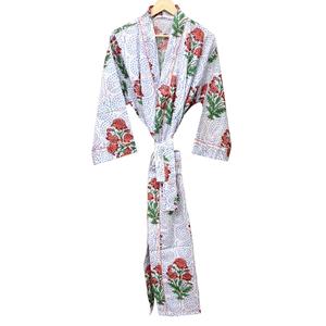 Bata de dormir tipo kimono de algodón transpirable de secado rápido con estampado floral digital textil, cuello en V y cierre de cinturón. - Product Image 5